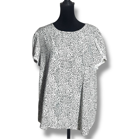 Tops - Fashion Women Large Black & White Speckle Print Short Sleeve White Trim Blouse